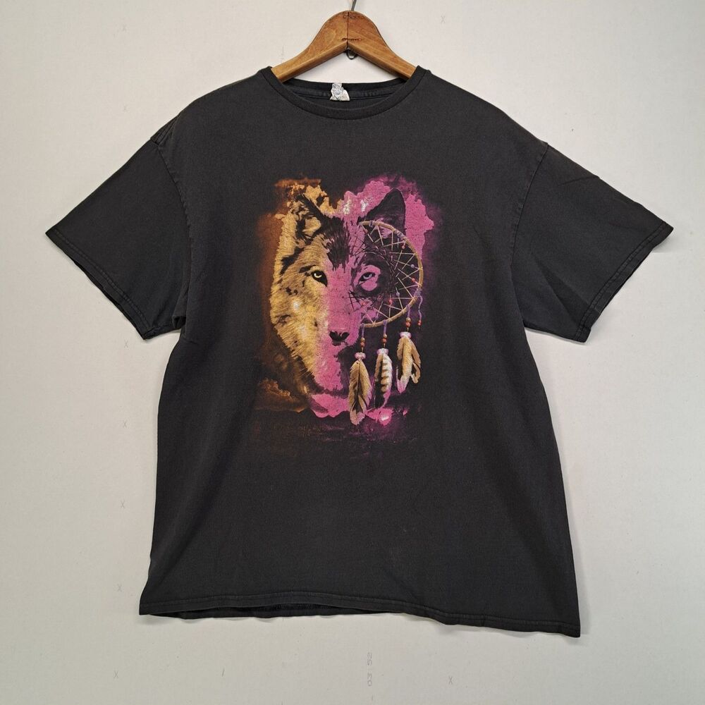 Vintage Y2K Wolf Dreamcatcher Graphic T Shirt Black Delta Tag Large